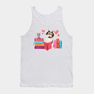 Cute little mouse and cat friend reading books Tank Top